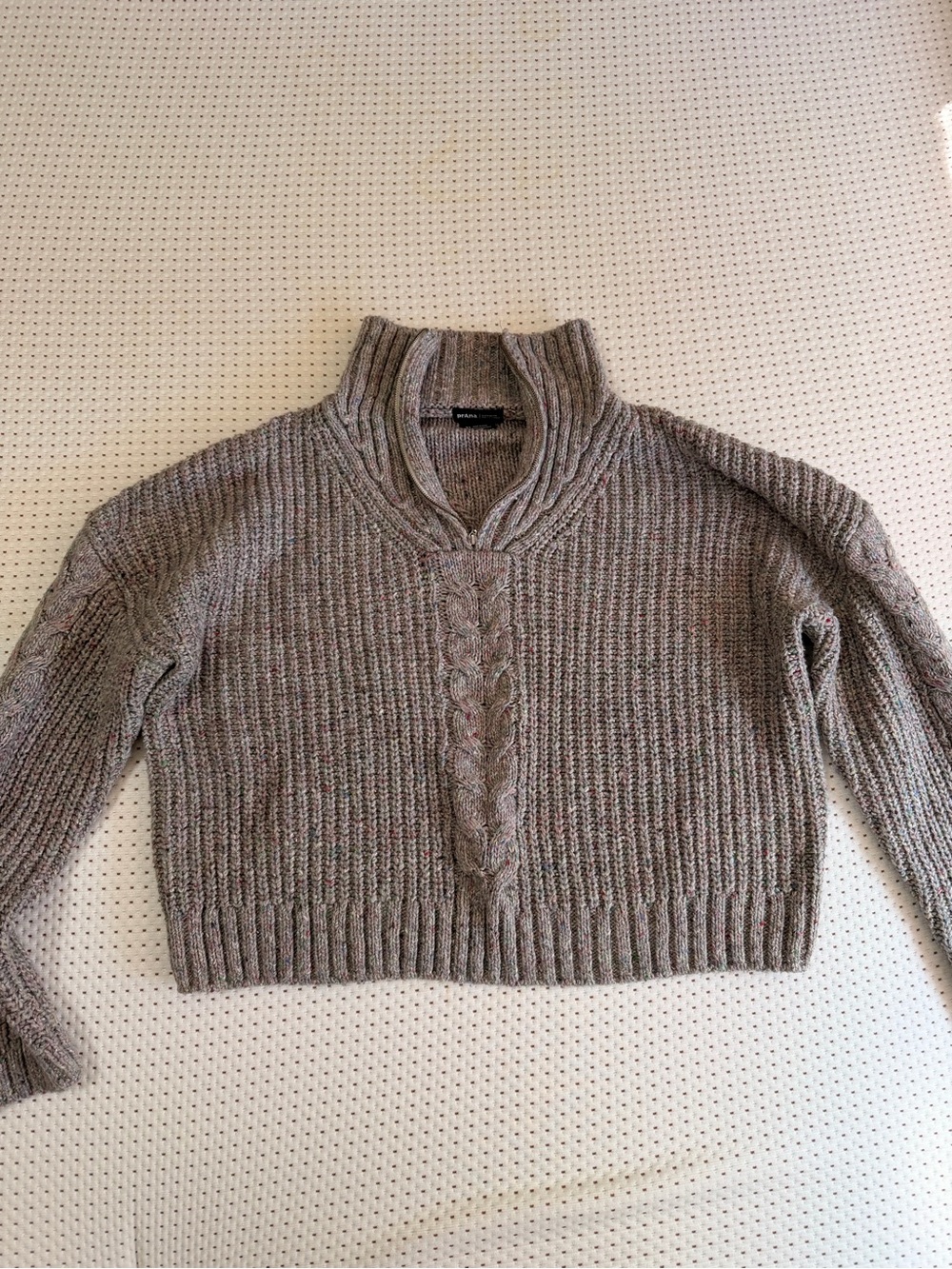 Prana Cropped Cable-Knit Mock Neck Sweater in Taupe